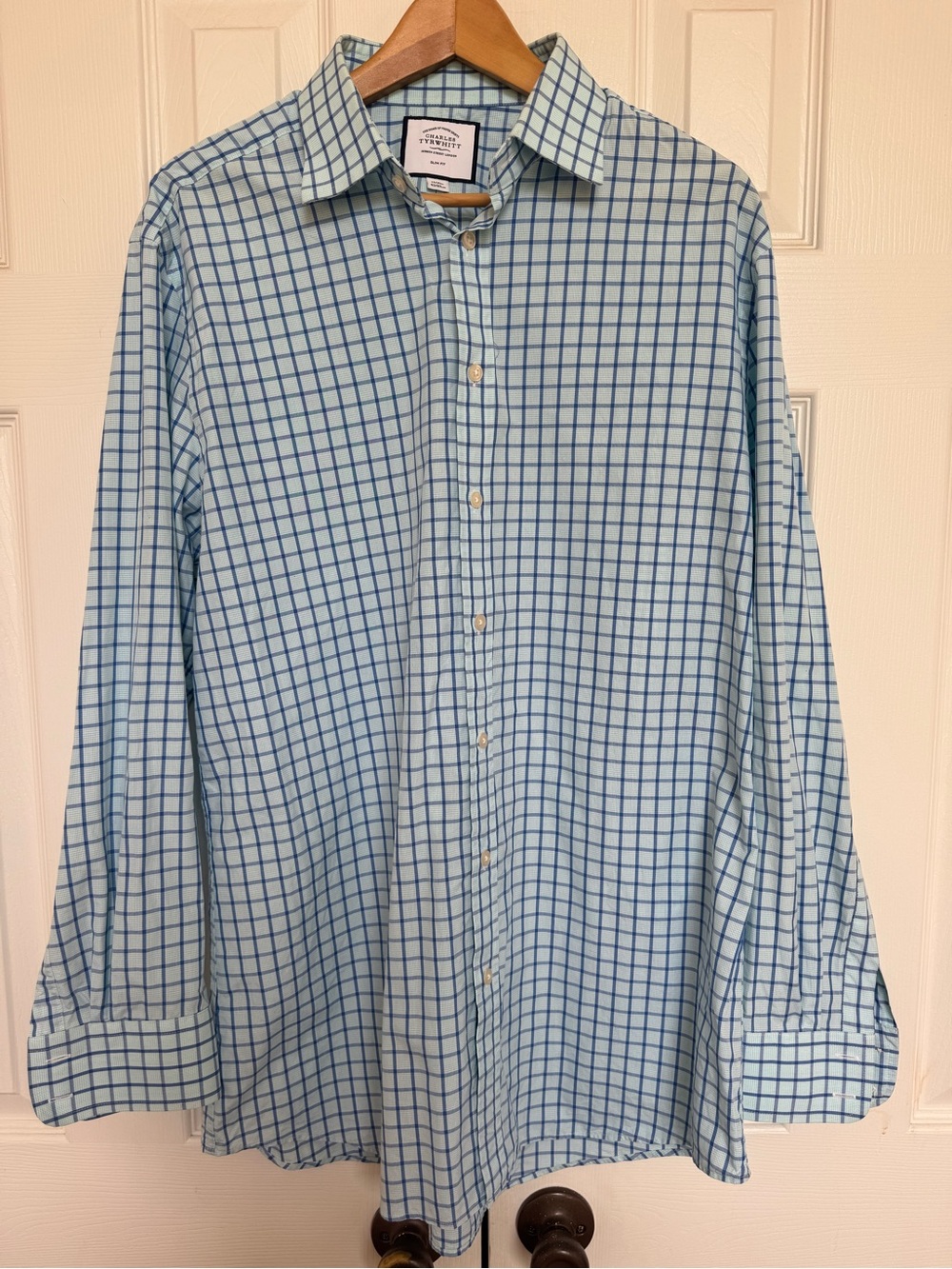 Charles Tyrwhitt Slim Fit Dress Shirt 17 / 35 Blue Green Check Tattersall Cotton